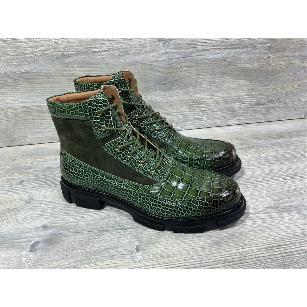Marc Nolan Otis Green Crocodile Print Leather Lace-Up Combat Boots Men's Size 10
